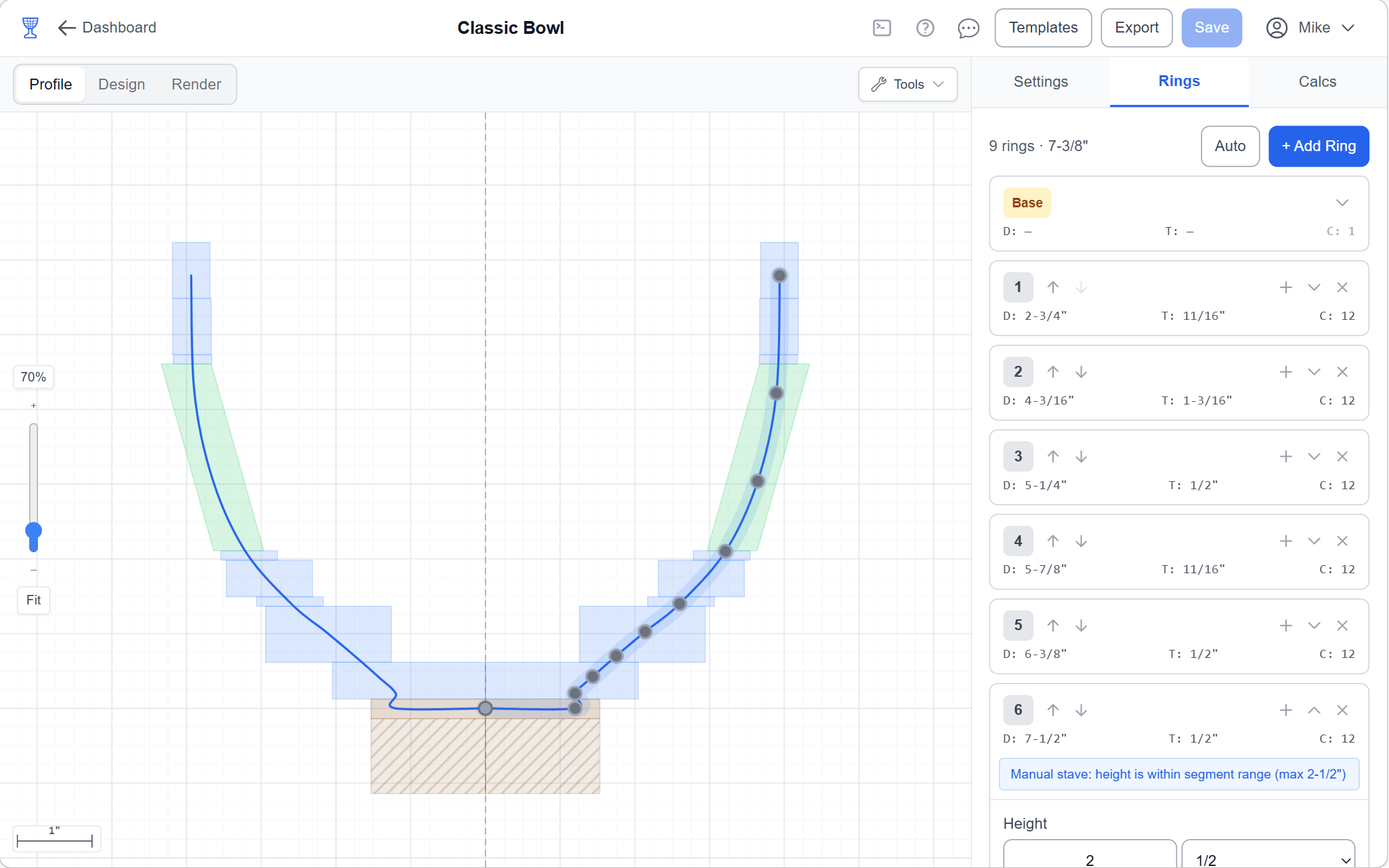 Wedge-Planner profile editor showing a classic bowl with auto-assigned rings, spline profile, and segment calculations