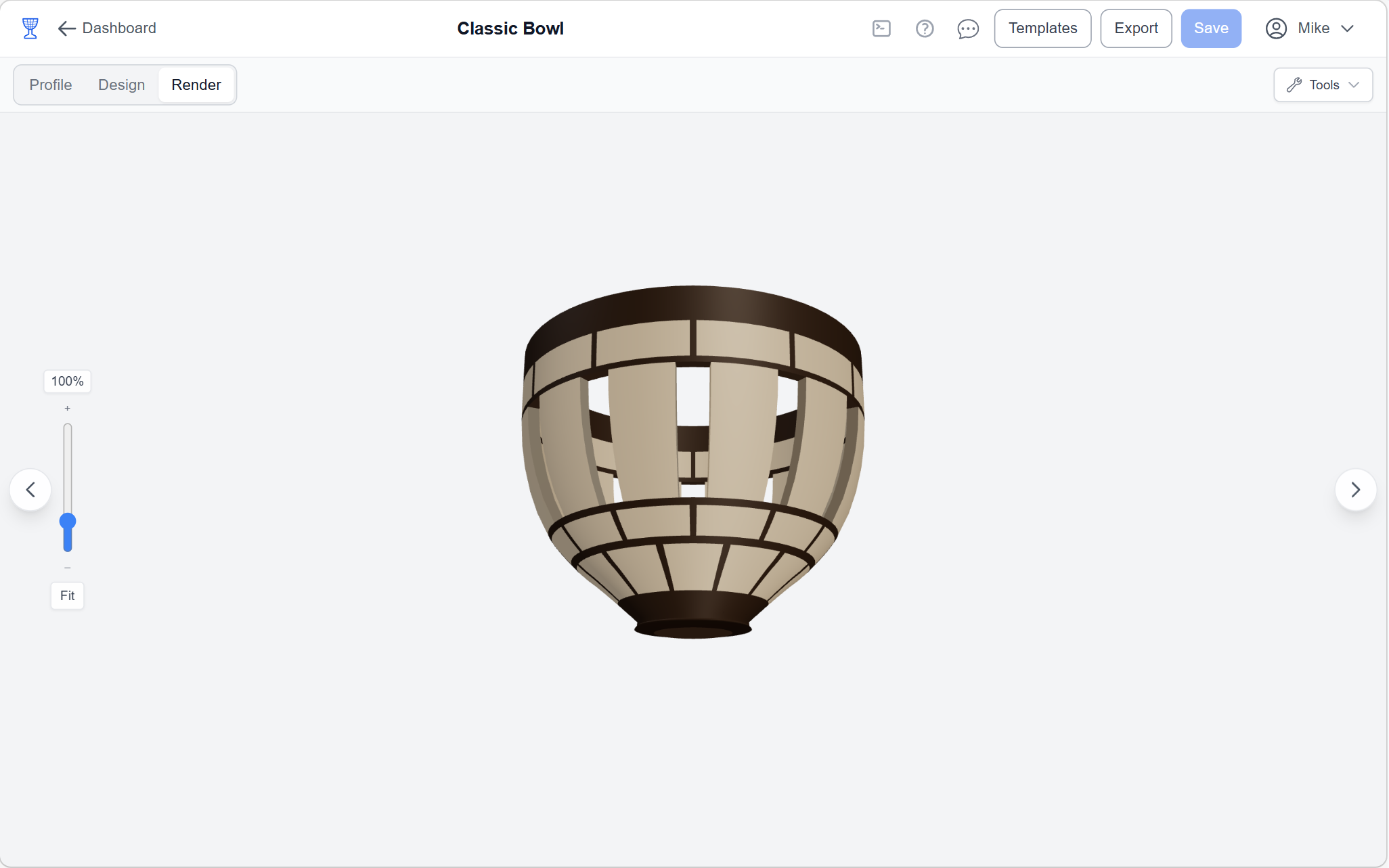 Render view — interactive 3D preview of finished segmented bowl with realistic wood colors